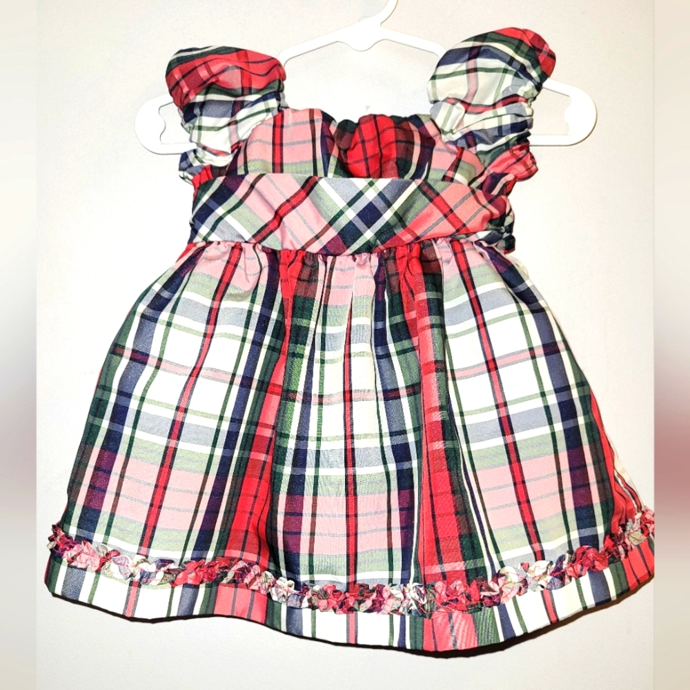 ❤️ Chaps Holiday Portrait Plaid Christmas Baby Dress Puff Sleeve Ruffled Hem 0-3